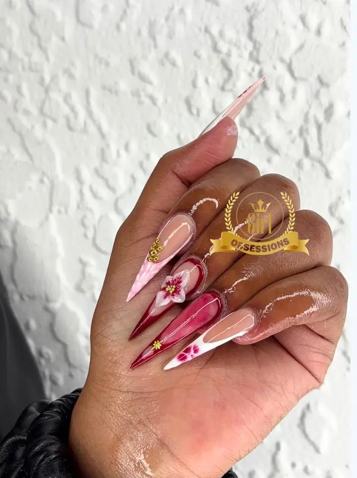Signature pink stiletto nail set with 3D florals